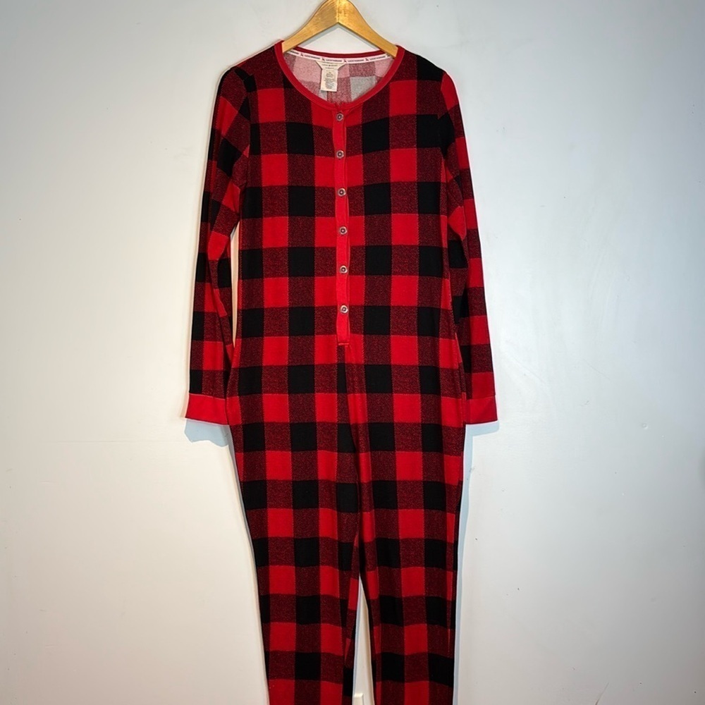 Lucky Brand One Piece Pajama Suit Womens Size Medium Red Black Plaid Mommy
